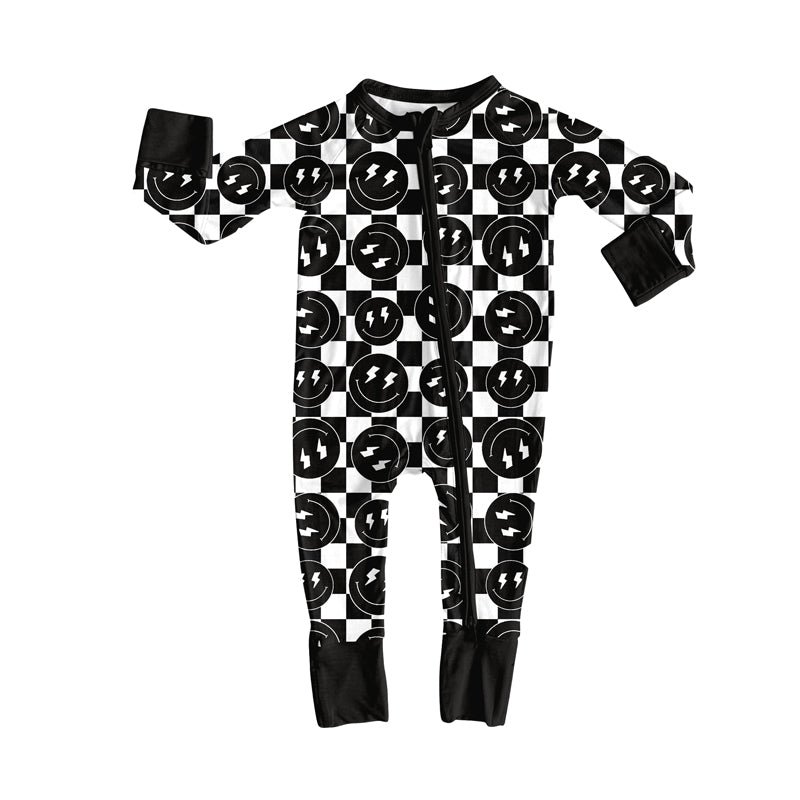 Preorder(moq 5)Baby Infant Boys Western Black Checkered Smiles Zipper Footie Rompers