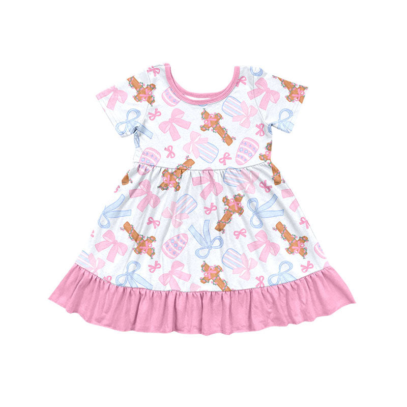 Preorder(moq 8)Baby Girls Pink Bows Eggs Crosses Easter Ruffle Knee Length Dresses