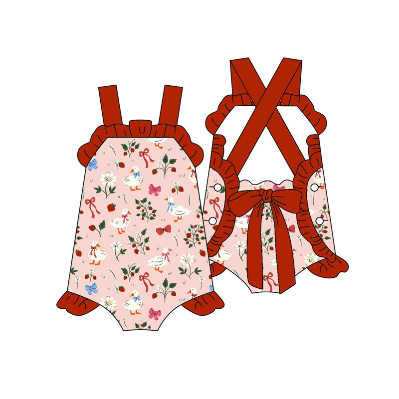 Preorder (moq 5)Baby Girls Strap Flowers Gooses Back Bow Ruffle Rompers