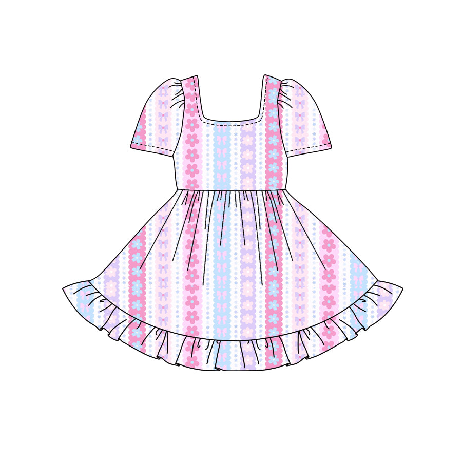 Preorder (moq 5)Baby Girls Short Sleeves Flowers Bows Stripes Ruffle Knee Length Dresses