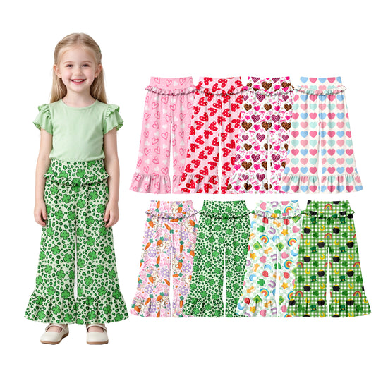 Preorder (moq 5) Baby Girl Clothes Pink White Heart Dot Mixed Print Long Waist Ruffle Bell Bottom Pants