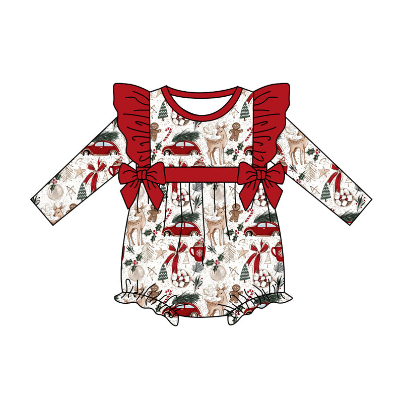 Preorder(moq 5)Baby Girls Deer Gingerbread Trees Bows Ruffle Rompers