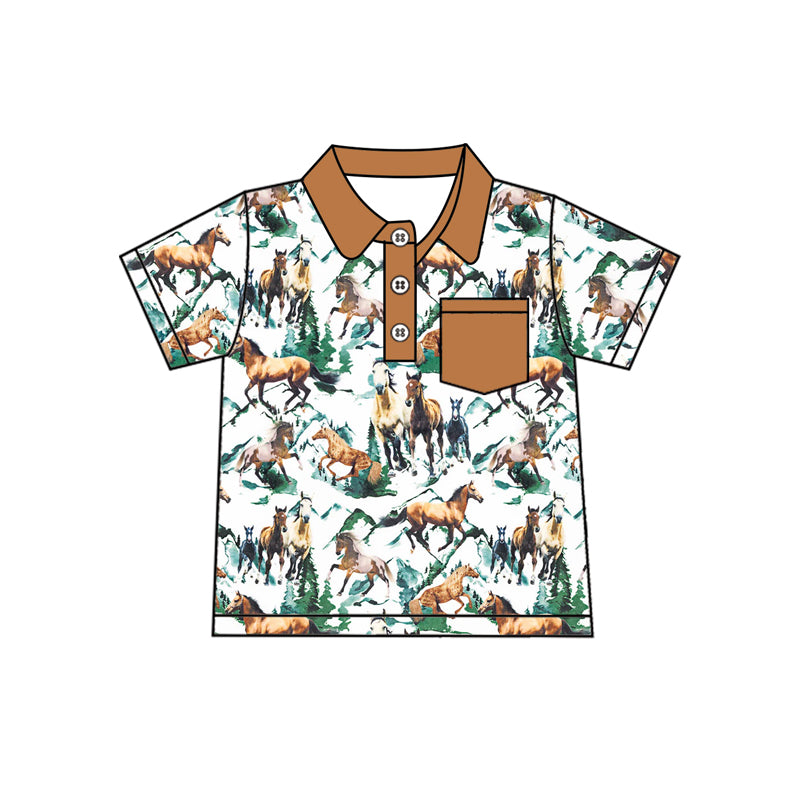 Preorder (moq 5)Baby Boys Brown Short Sleeves Button Pocket Horses Mountains Polo Shirts Top
