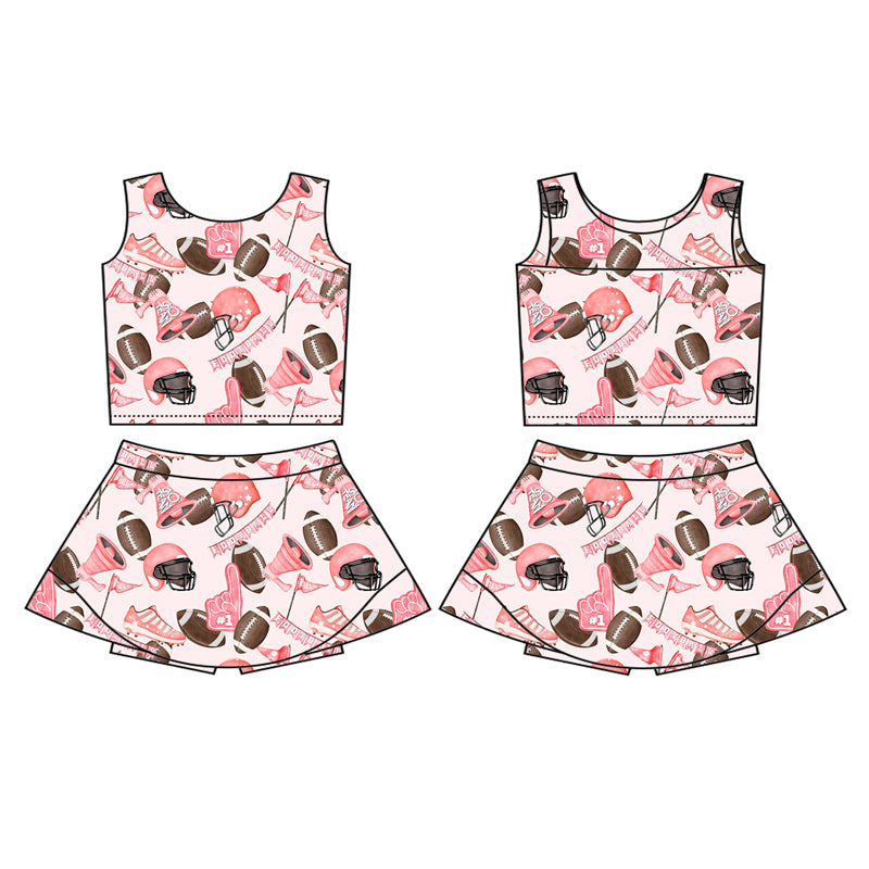 Preorder (moq 5)Baby Girls Pink Sleeveless Football Flags Top Skort Yoga Active Set