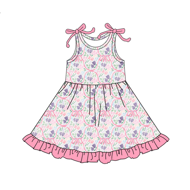 Preorder (moq 5)Baby Girls Bows Sleeveless Pink Lavender Floral Ruffle Knee Length Dresses
