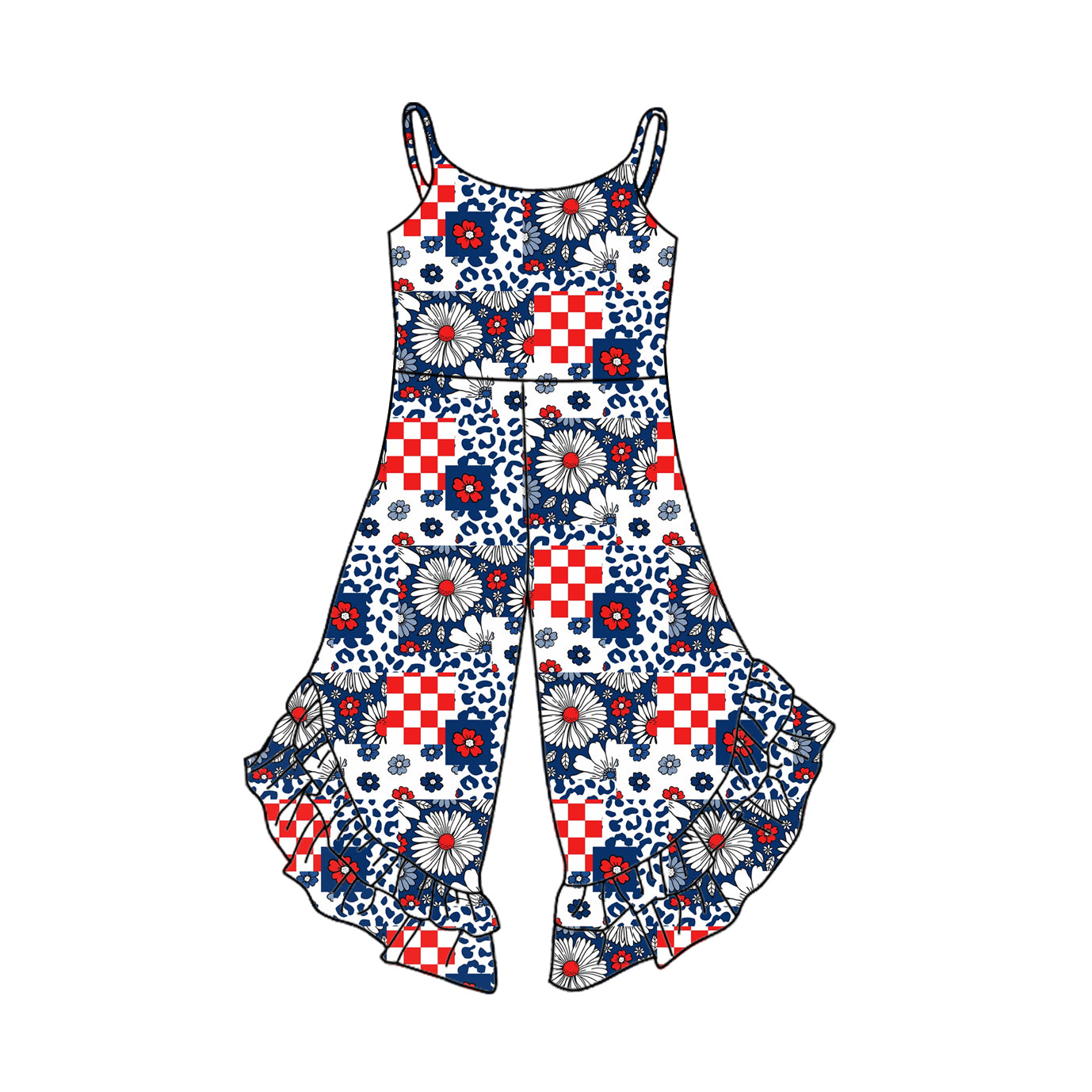 Preorder (moq 5)Baby Girls 4th Of July Smile Hunting Bell Pants Straps Jumpsuits