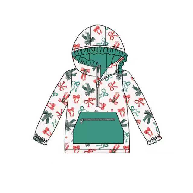 Preorder (moq 5)Baby Girls Green Red Bows Christmas Zipper Pocket Ruffle Hooded Tops