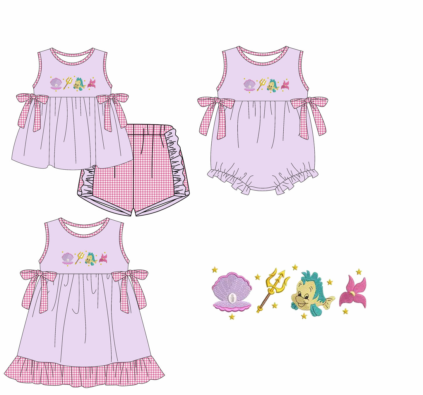 Preorder moq 5 Custom Baby Girls Lavender Sleeveless Shell Fishes Tunic Plaid Ruffle Short Set Knee Length Dress Rompers