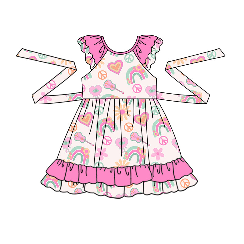 Baby Girls Belt Ruffle Western Rainbow Guitar Knee Length Dresses preorder(moq 5)