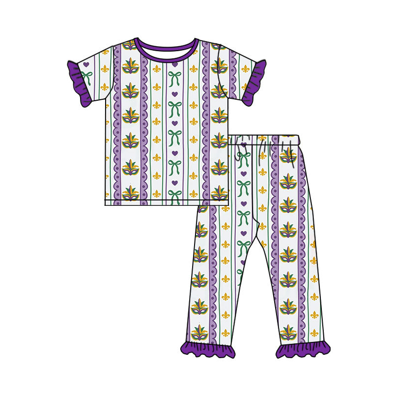 Pre-order(moq5) Girls’ Mardi Gras Carnival Outfit, Tie-Dye Short-Sleeve Top & Ruffle Pants, Festive Holiday 2-Piece Set