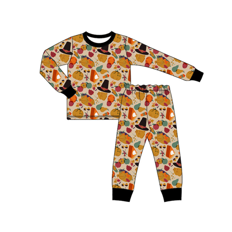 Preorder (moq 5)Baby Boys Khaki Long Sleeves Pumpkins Cakes Plaid Top Pant Pajamas Set