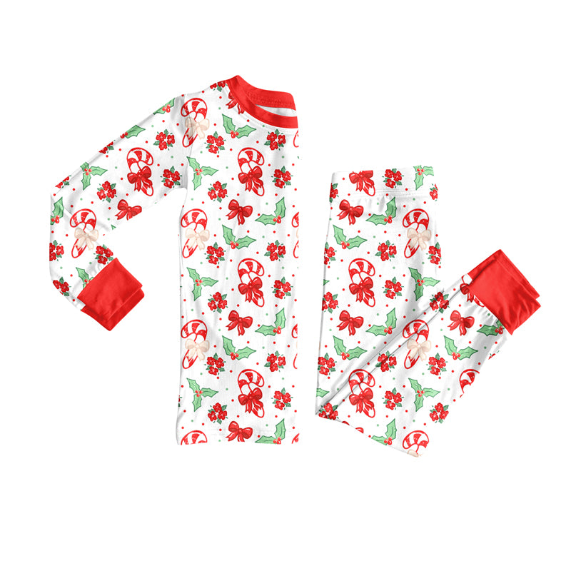 Preorder(moq 5) Baby Girls Christmas Holly Bows Top Pants Lounge Wear Pajamas Sets