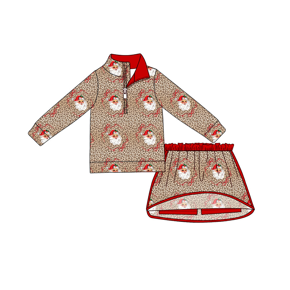 Preorder (moq 5)Baby Girls Santa Leopard Zip Pullovers Top Skirt Short Christmas Clothes Set