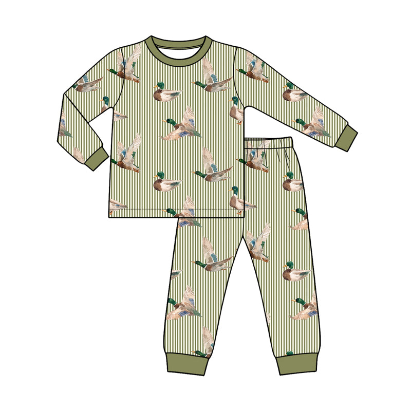 Preorder (moq 5) Baby Girl Clothes Green Stripe Mallard Duck Allover Print Long Sleeve Pajama Set