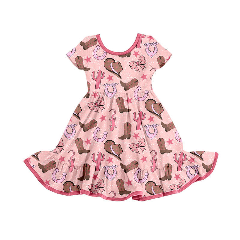 Preorder(moq 8)Baby Girls Hats Boots Cactus Stars Western Ruffle Knee Length Dresses
