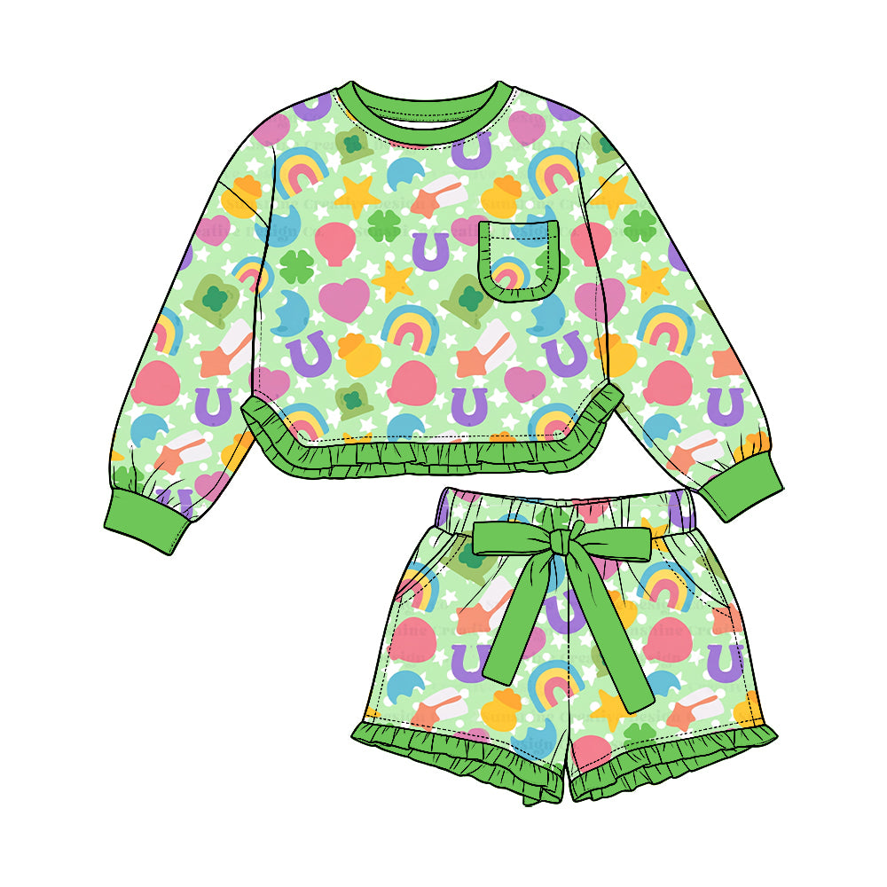 Preorder (moq5) Baby Girls Clovers Hats Rainbows Pocket Top Ruffle Bow Short St Patrick Set