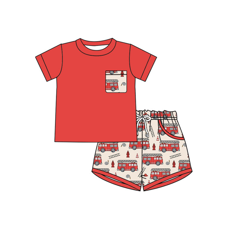 Preorder moq 5 Baby Boys Short Sleeve Shirt Top Firetrucks Pockets Short Clothes Set