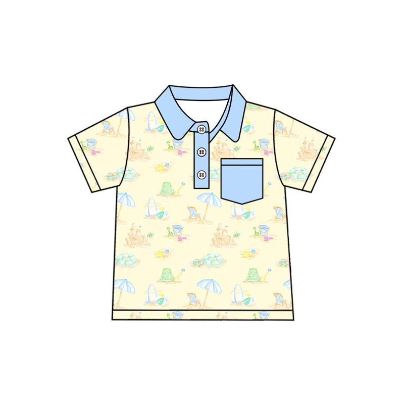 Preorder (moq 5)Baby Boys Short Sleeves Button Beach Print Pocket Polo Shirts Top Preorder