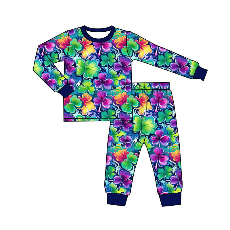 Preorder(moq 5) Baby Girls Colorful Clovers Top Pants St Patrick Pajamas Sets