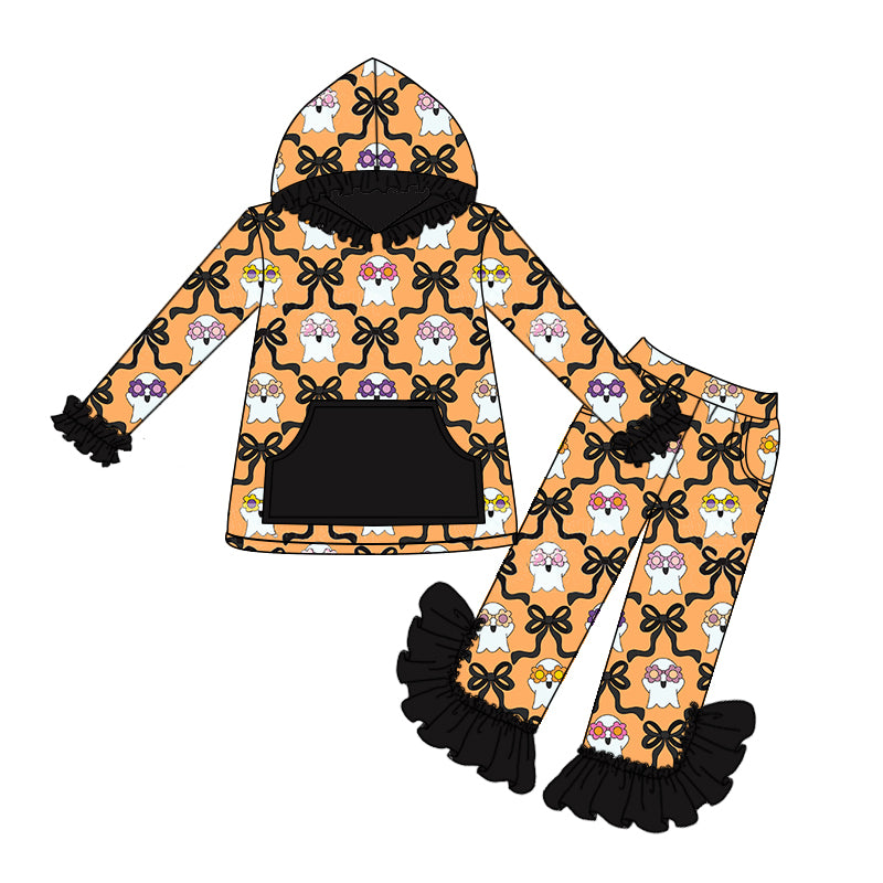 Preorder (moq 5)Baby Girls Long Ruffle Sleeves Black Bows Ghost Plaid Pocket Hoodies Pant Set