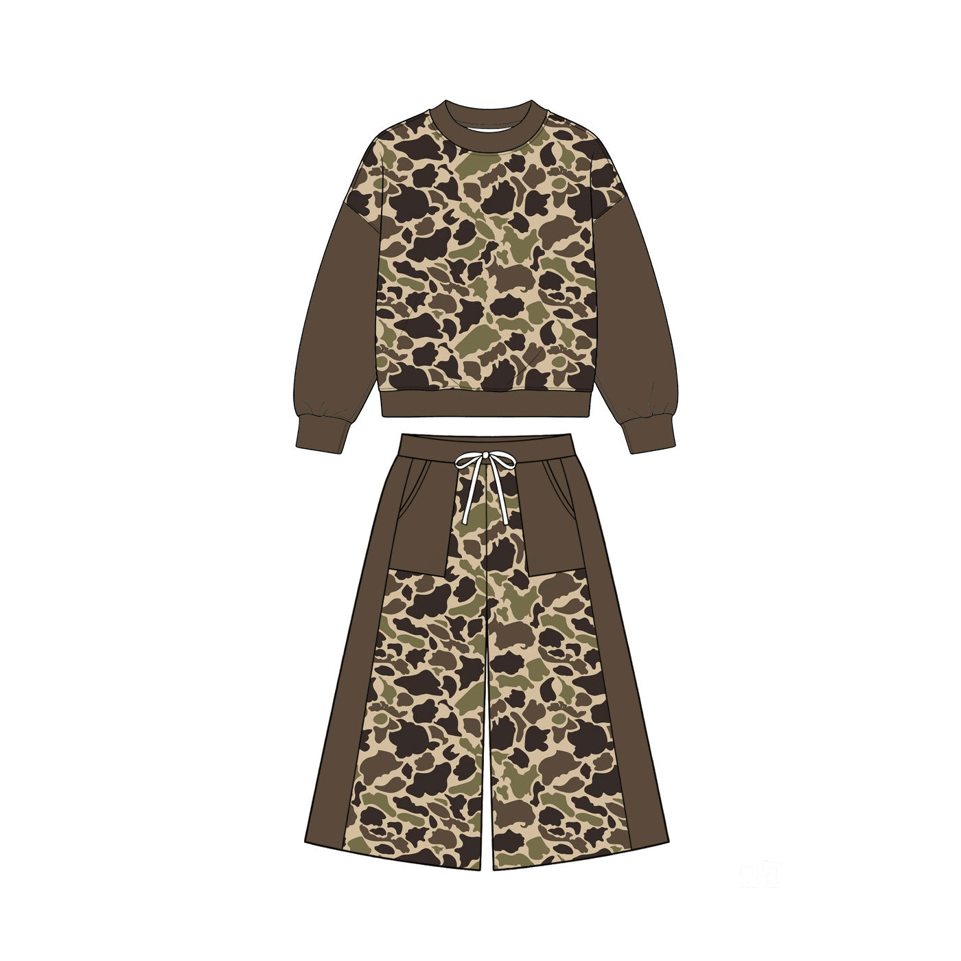 Pre-order(moq5) Girls’ Fall Gray Camouflage Print Crew Neck Long Sleeve Bow Top & Wide-Leg Pants Set