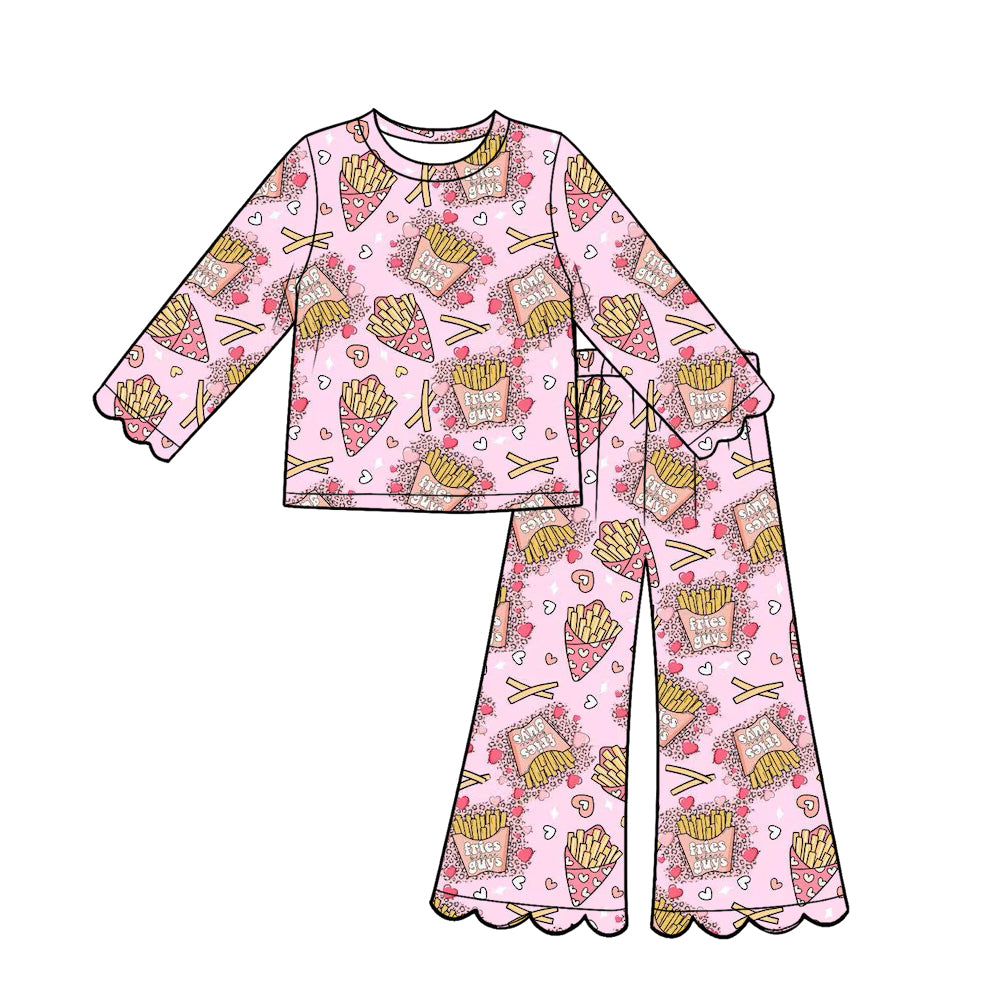 Preorder (moq 5) Baby Girl Clothes Valentine French Fries Print Long‑Sleeve Top Scalloped Flare Pants Set