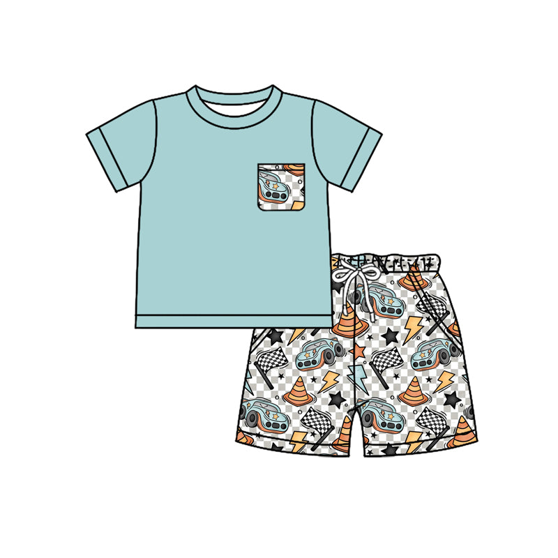 Preorder moq 5 Baby Boys Aqua Short Sleeves Pocket Top Cars Flags Short Set