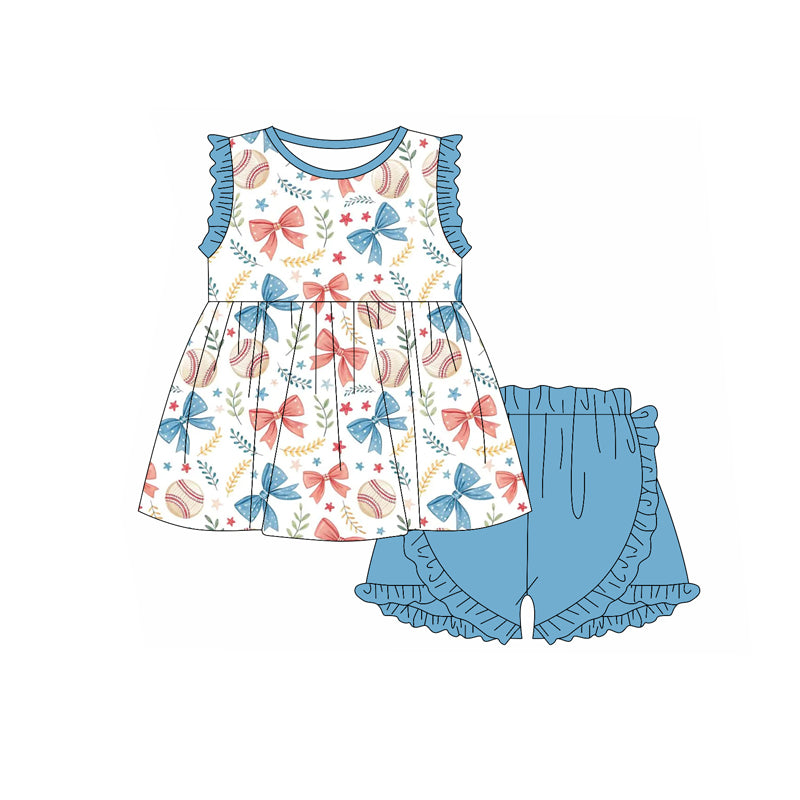 Preorder moq 5 Baby Girls Blue Sleeveless Baseballs Bows Tunic Ruffle Short 4th Of July Set
