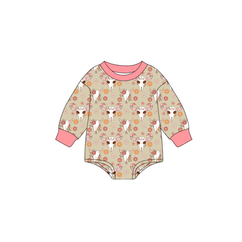 Preorder (moq 5)Baby Girls Long Sleeves Pink Flowers Bull Skull Plaid Romper