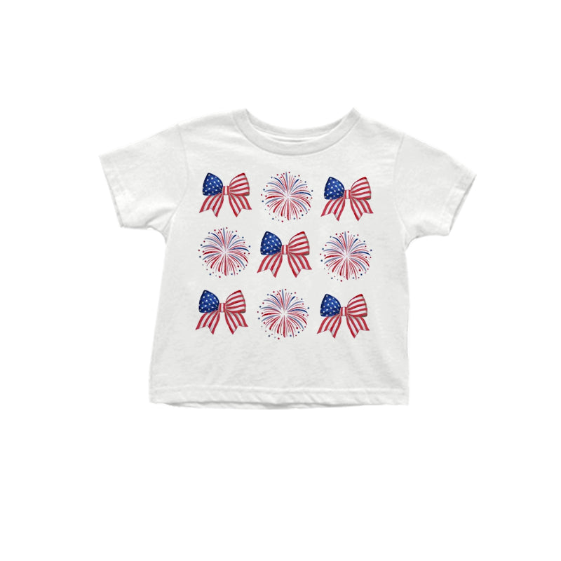 Preorder (moq 5)Baby Kids White Short Sleeves Blue Red Bows Firework 4th Of July Tee Shirts Top