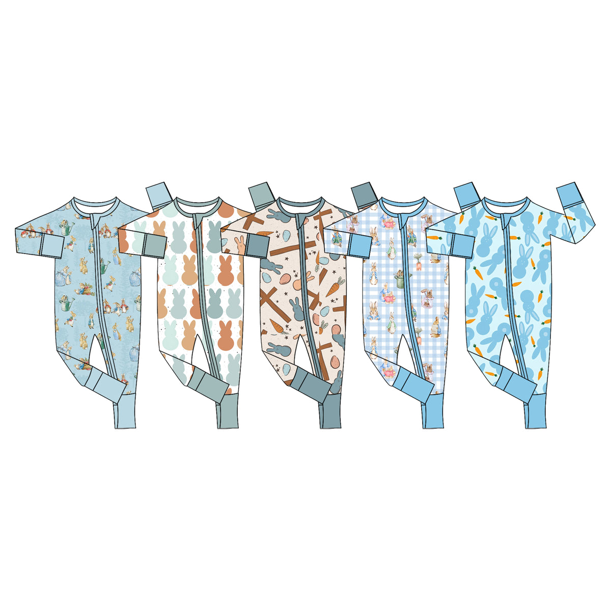 Preorder (moq 5) Baby Boy Clothes Easter Blue Gingham Rabbit Garden Print Long Sleeve Zipper Romper