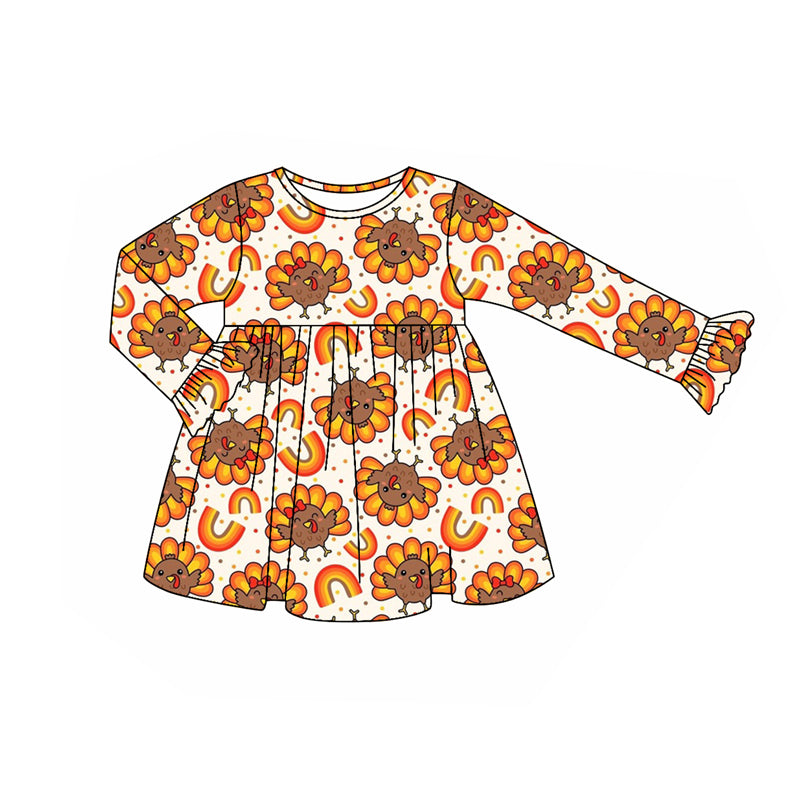 Preorder (moq 5)Baby Girls Long Ruffle Sleeves Turkey Rainbows Plaid Knee Length Dresses
