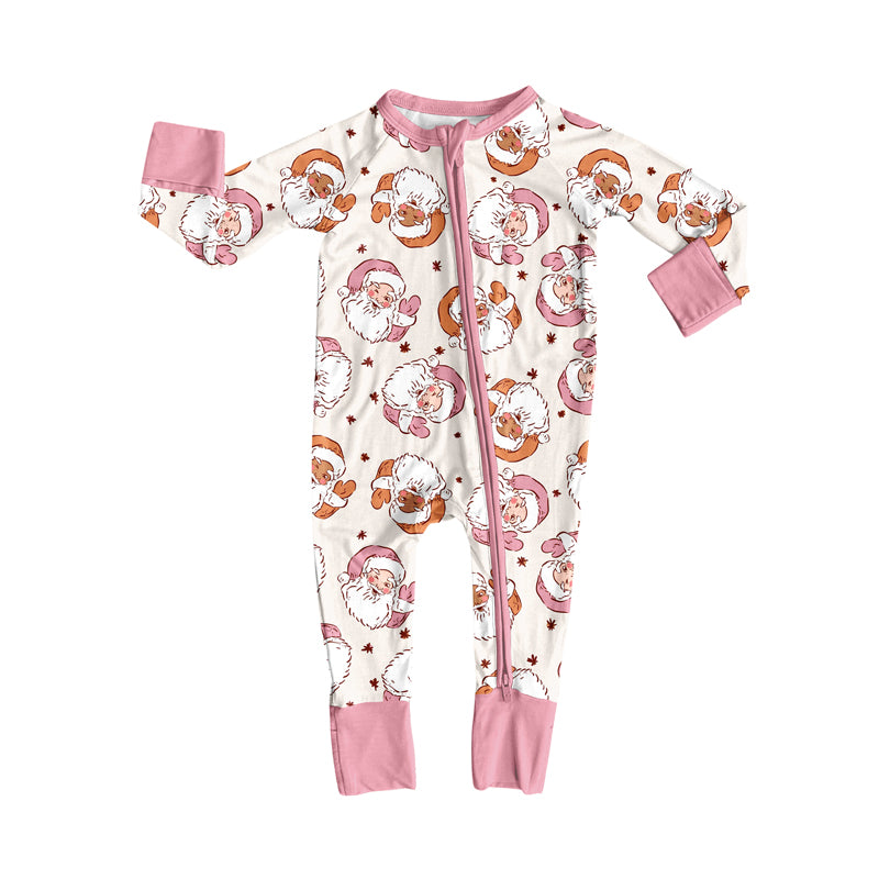 Preorder (moq 5)Baby Girls Long Sleeves Pink Santa Leaves Plaid Zipper Romper