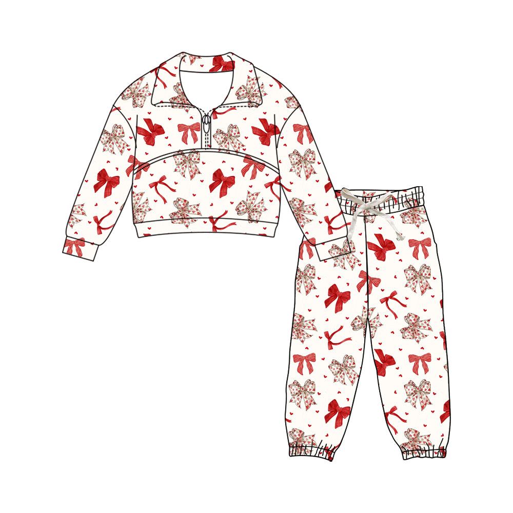 Preorder (moq 5)Baby Girls Pink Hearts Bows Zipper Pullover Pants Valentines Clothes Sets