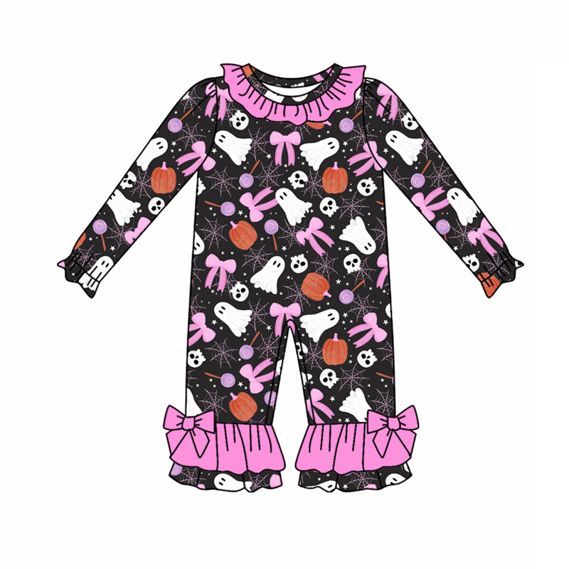Preorder(moq 5)Baby Infant Girls Ghost Pumpkins Bows Ruffle Pant Halloween Rompers