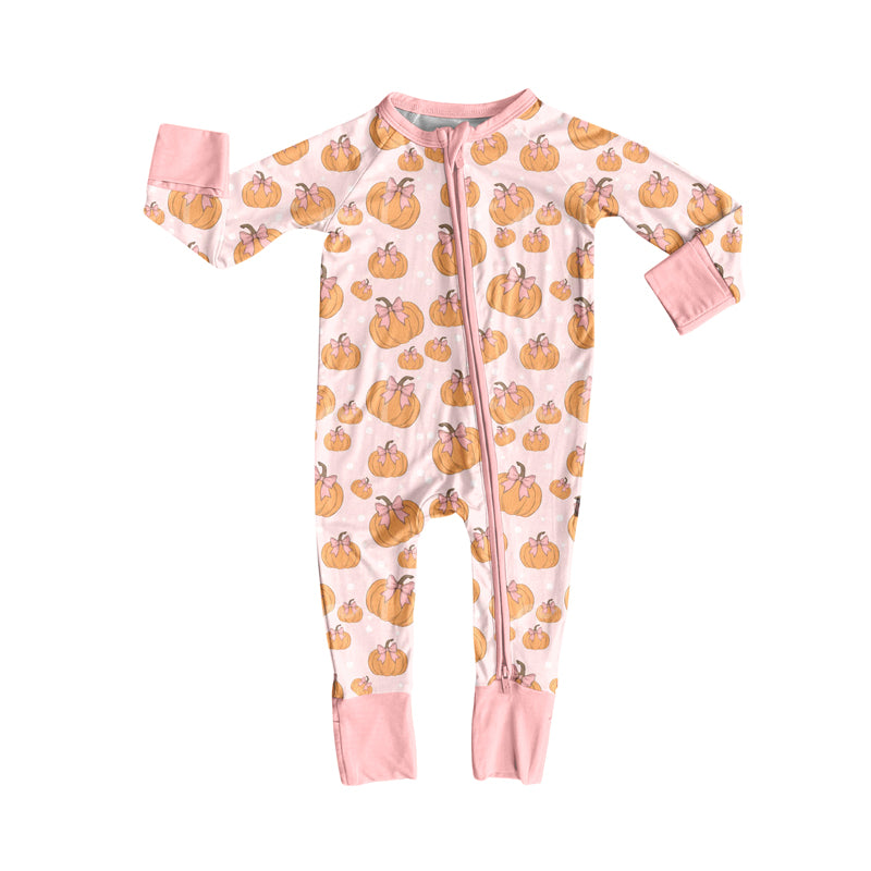 Preorder (moq 5)Baby Girls Light Pink Long Sleeves Pumpkins Plaid Zipper Pant Rompers