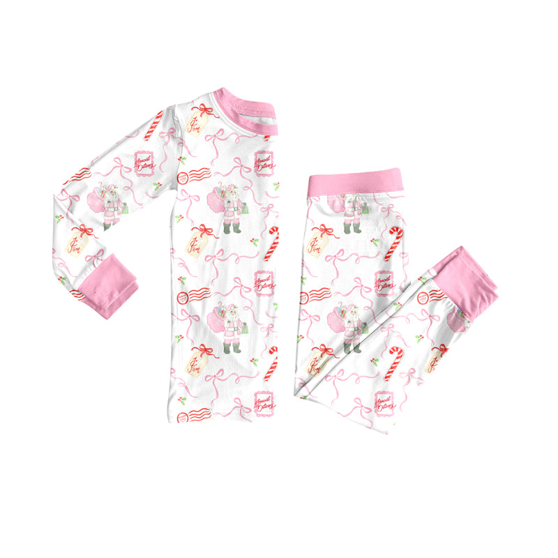 Preorder (moq 5)Baby Girls Long Sleeves Pink Santa Bows Plaid Top Pants Pajamas Set