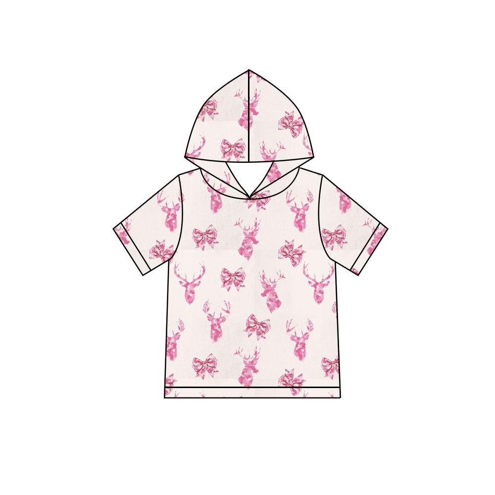 Preorder (moq 5) Baby Girl Clothes Pink Watercolor Deer Antler Bow Print Short Sleeve Hooded Tee