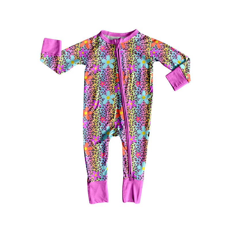 Preorder (moq 5)Baby Girls Long Sleeves Colorful Leopard Flowers Zipper Rompers