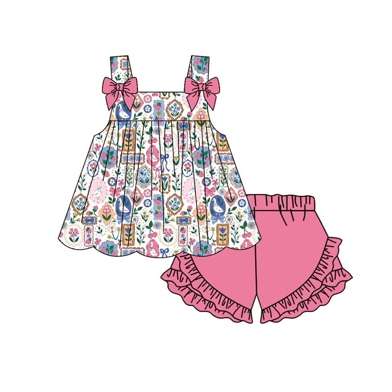 Preorder moq 5 Baby Girls Strap Gooses Strawberry Tunic Ruffle Shorts Clothes Set
