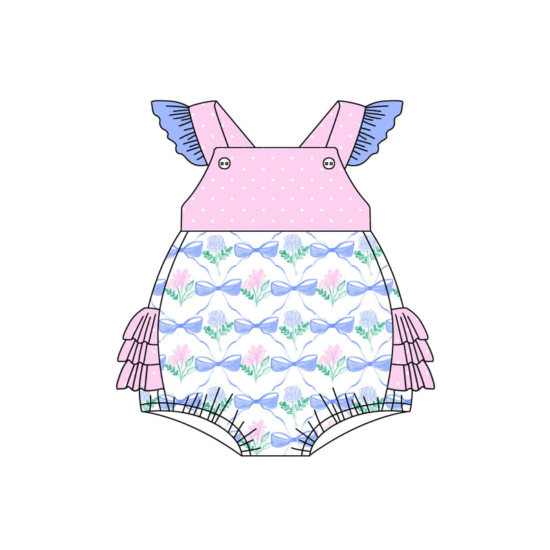 Preorder(moq 5)Baby Infant Girls Flowers Bows Ruffles Straps Summer Rompers
