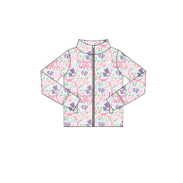 Preorder (moq 5)Baby Girls Long Sleeves Lavender Pink Bows Floral Plaid Zipper Pockets Yoga Jackets Top