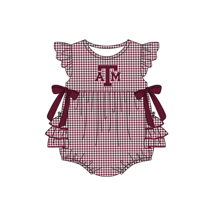 Preorder moq 5 Baby Girls Red Plaid Flutter Sleeves Bows ATM Team Rompers