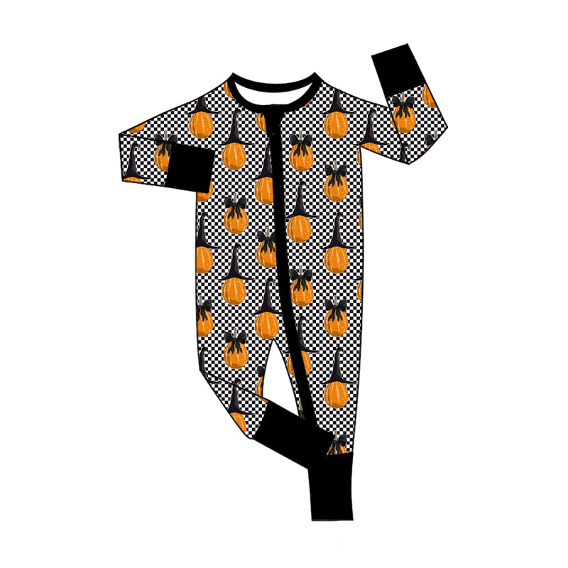 Preorder (moq 5)Baby Girls Black Checked Bows Hats Pumpkins Halloween Two Way Zip Convertible Rompers