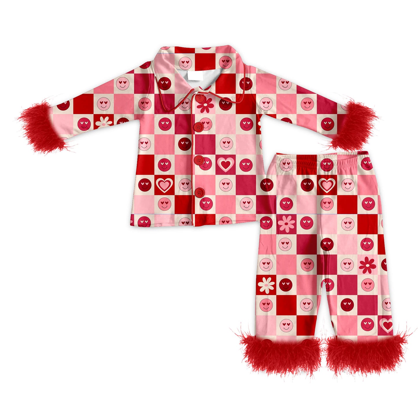 Preorder (moq 5)Baby Girls Flowers Hearts Checked Button Top Pants Valentines Fur Sleeve Pajamas Sets