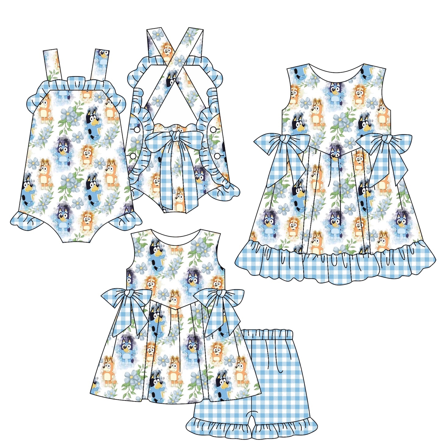 Preorder moq 5 Custom Baby Girls Strap Cartoon Dogs Bows Tunic Blue Plaid Ruffle Short Sets Knee Length Dress Rompers