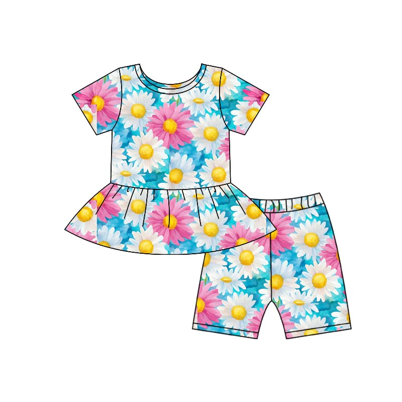Preorder (moq 5)Baby Girls Colorful Daisy Flowers Tunic Shorts Clothes Sets