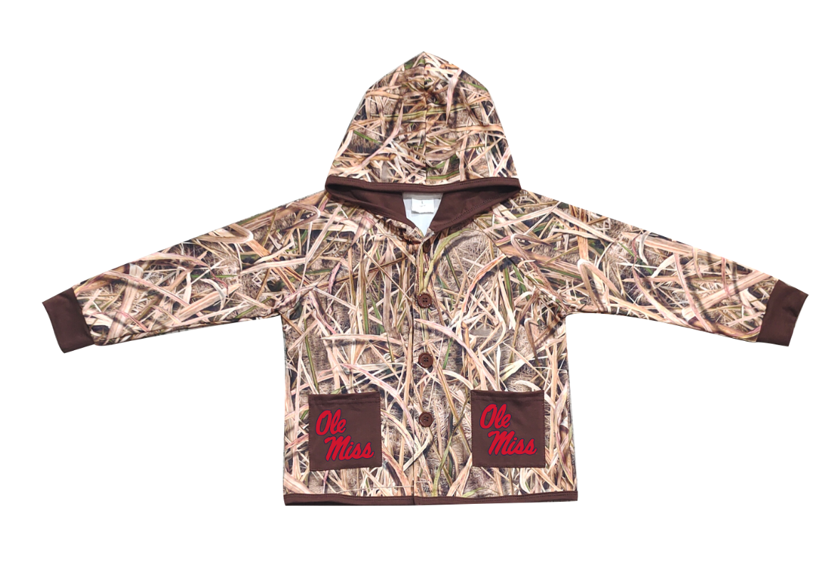 Preorder (moq 5)Baby Boys Khaki Leaves Camo Ole Miss Pockets Team Button Hoodie Jackets Top