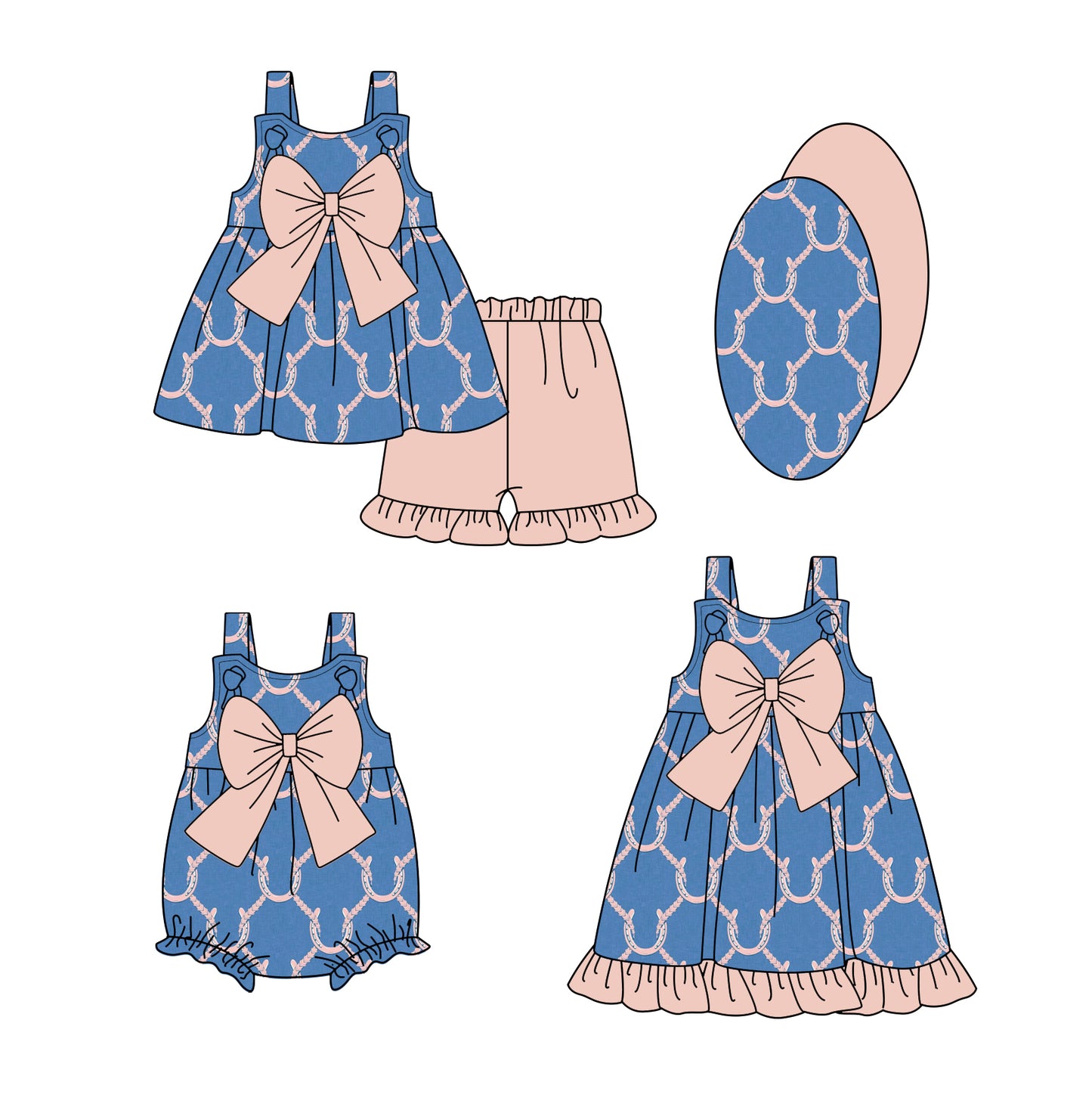 Preorder moq 5 Custom Baby Blue Girls Strap Horse Shoes Tunic Pink Ruffle Short Set Knee Length Dress And Rompers
