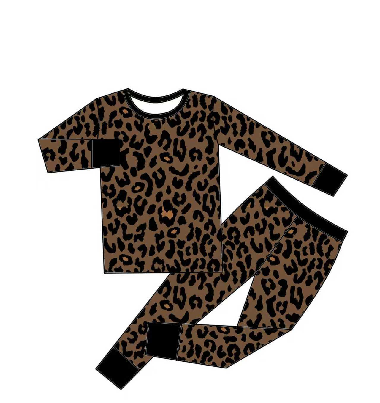Preorder (moq 5)Baby Girls Brown Leopard Top Pants Pajamas Sets